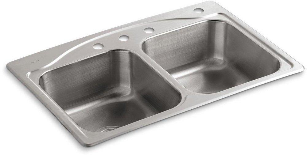 KOHLER Stainless Steel 33 x 22 in. 4 Hole Double Bowl Drop-in Kitchen Sink 