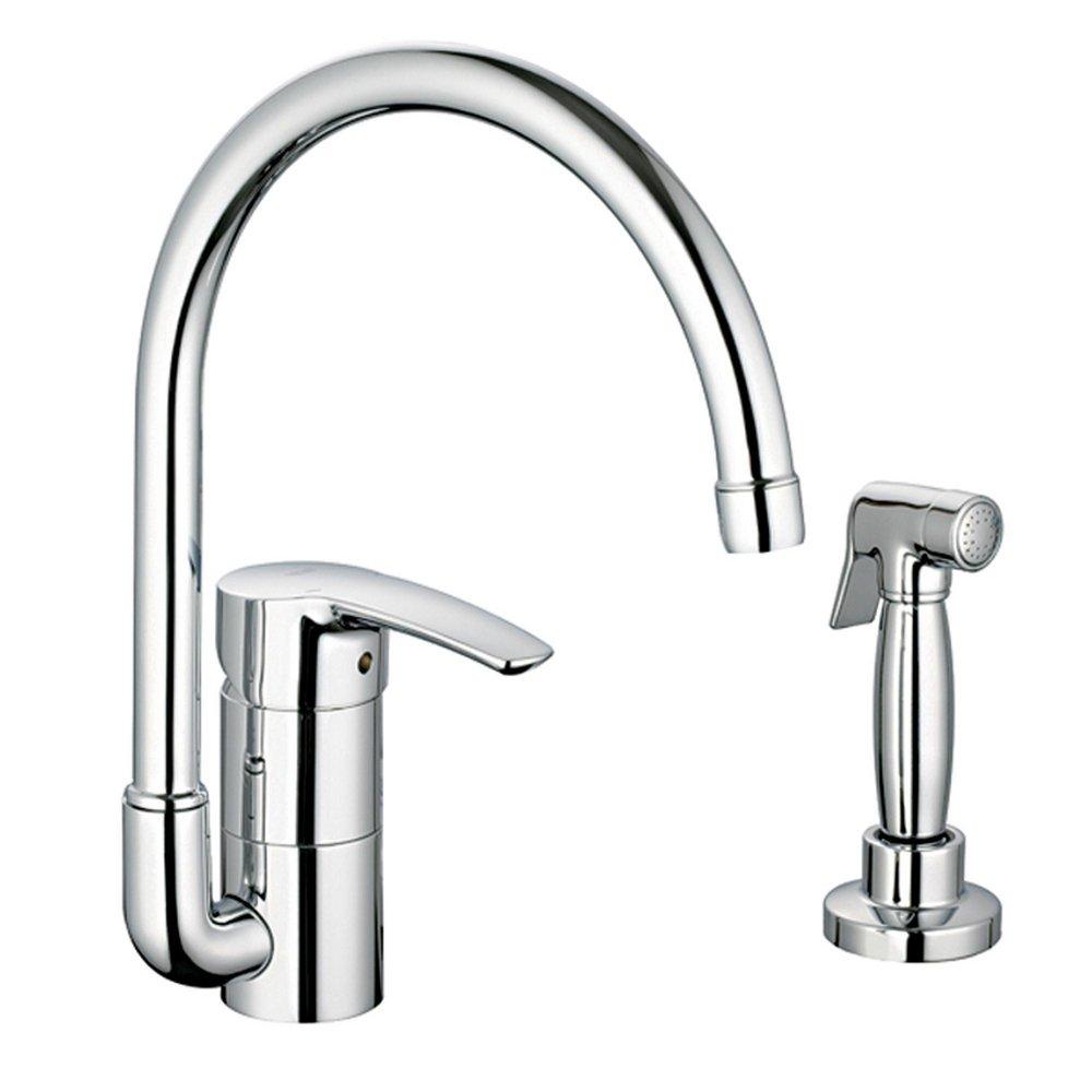 GROHE StarLight&reg; Brushed Nickel 2.2 gpm Single Lever Handle Deckmount Kitchen Sink Faucet High Arc Spout 3/8 in. Compression Connection 