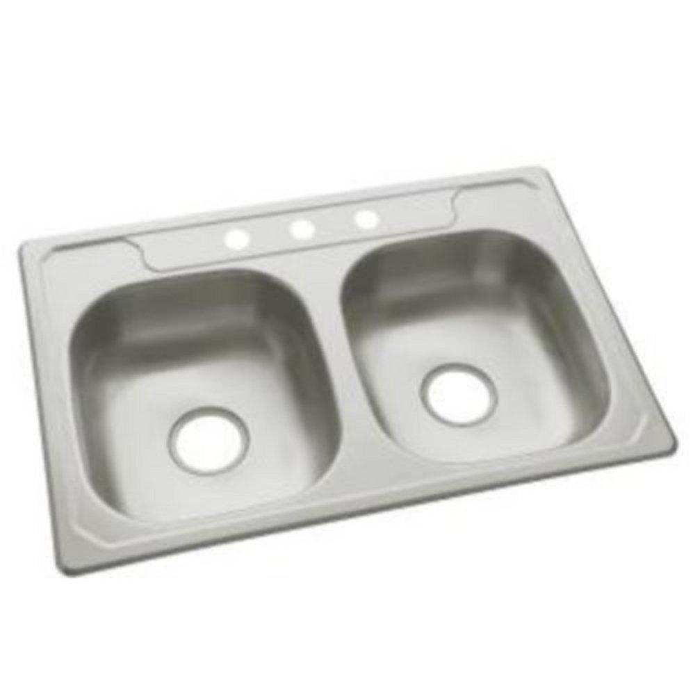 Sterling Luster Stainless Steel 33 x 22 in. 3 Hole Stainless Steel Double Bowl Drop-in Kitchen Sink 