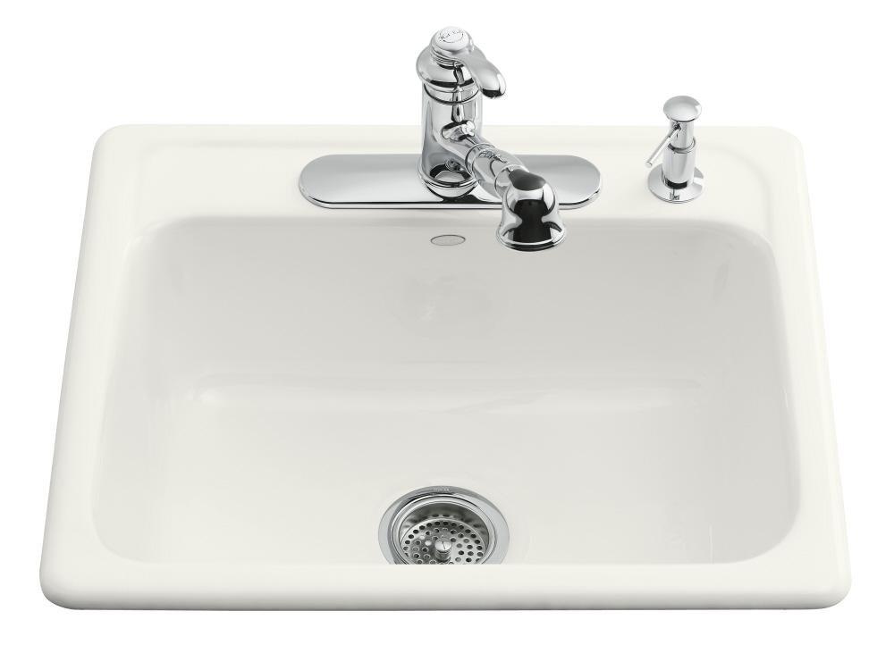KOHLER White 25 x 22 in. 3 Hole Cast Iron Single Bowl Drop-in Kitchen Sink 