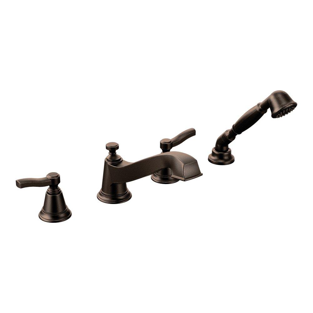 Moen Oil Rubbed Bronze 4-Hole Roman Tub Faucet with Hand Shower Double Metal Lever Handle Deckmount 