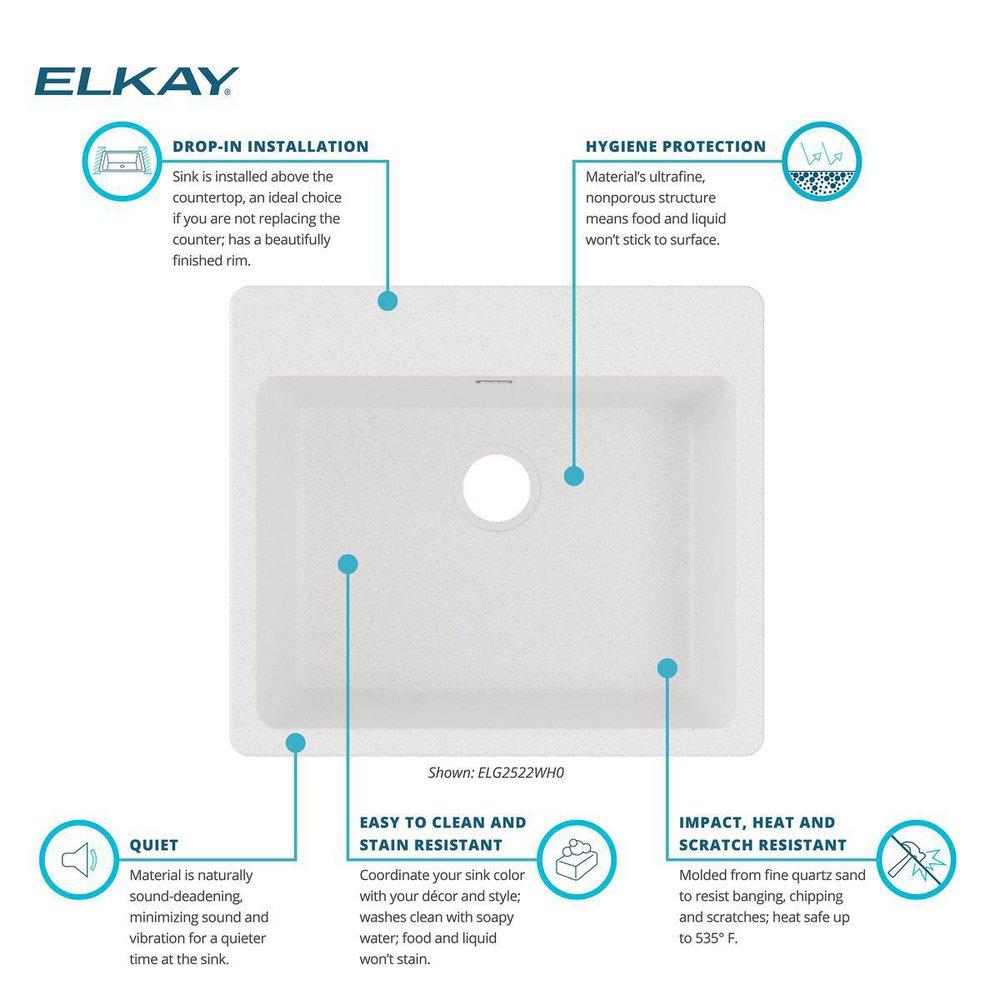 Elkay White 25 x 22 in. No Hole Composite Single Bowl Drop-in Kitchen Sink 