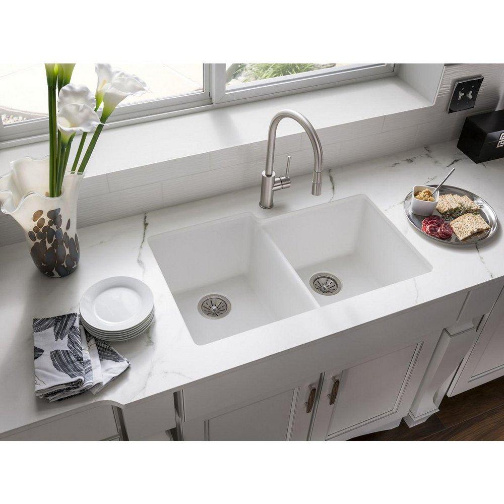 Elkay White 33 x 20-1/2 in. No Hole Composite Double Bowl Undermount Kitchen Sink 
