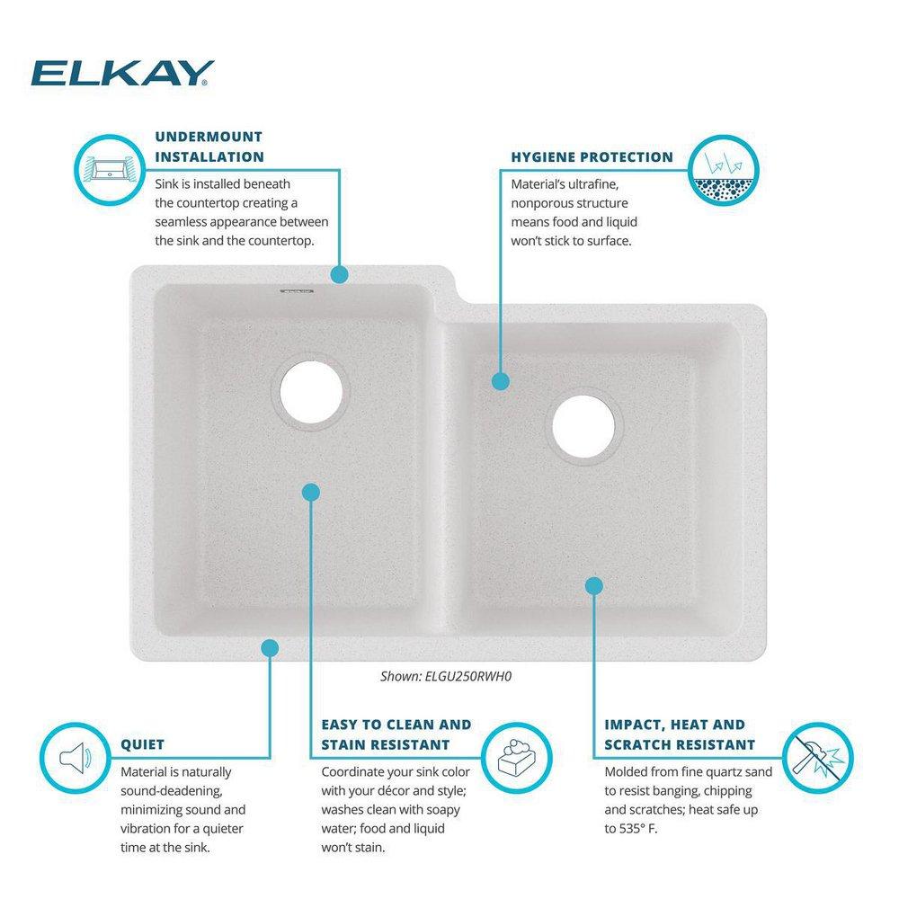Elkay White 33 x 20-1/2 in. No Hole Composite Double Bowl Undermount Kitchen Sink 