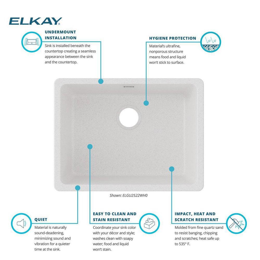 Elkay White 24-5/8 x 18-1/2 in. No Hole Composite Single Bowl Undermount Kitchen Sink 