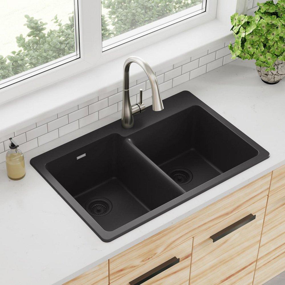 Elkay Black 33 x 22 in. No Hole Composite Double Bowl Drop-in Kitchen Sink 