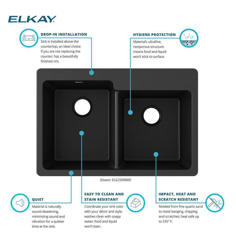 Elkay Black 33 x 22 in. No Hole Composite Double Bowl Drop-in Kitchen Sink 