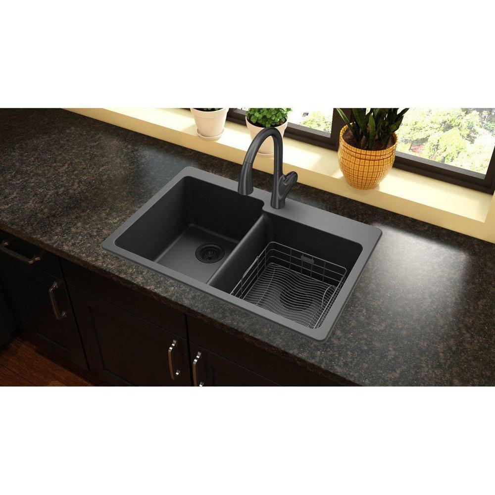 Elkay Black 33 x 22 in. No Hole Composite Double Bowl Drop-in Kitchen Sink 