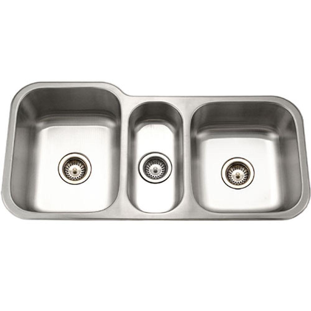 Houzer Lustrous Satin 39-13/16 x 20-3/16 in. No Hole Stainless Steel Triple Bowl Undermount Kitchen Sink 