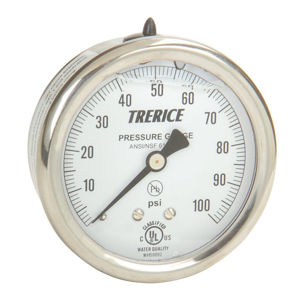 H.O. Trerice Stainless Steel 2-1/2 x 1/4 in. Liquid Filled Stainless Steel Brass Center Back Mount Pressure Gauge 