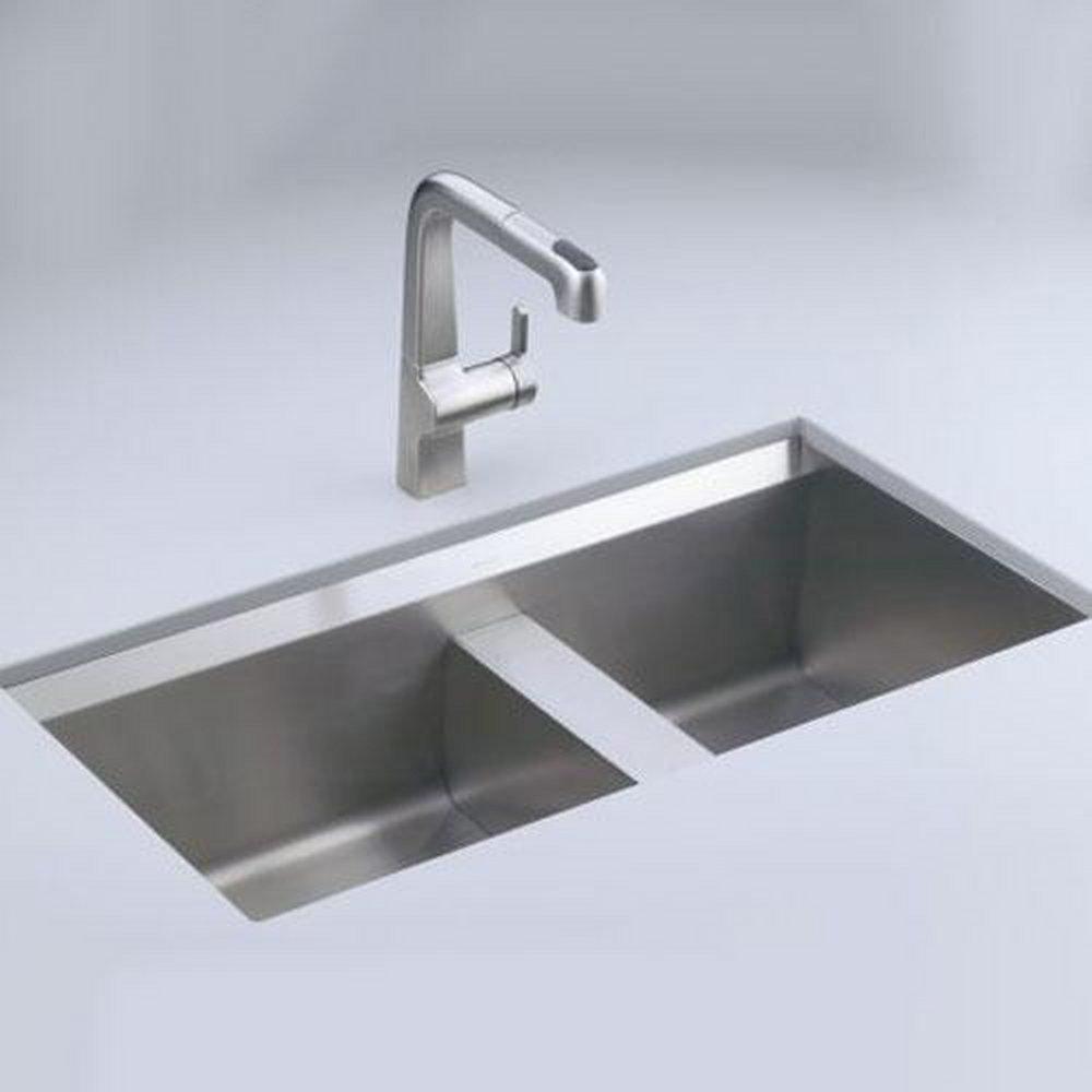 KOHLER Stainless Steel 33 x 18 in. No Hole Double Bowl Undermount Kitchen Sink 
