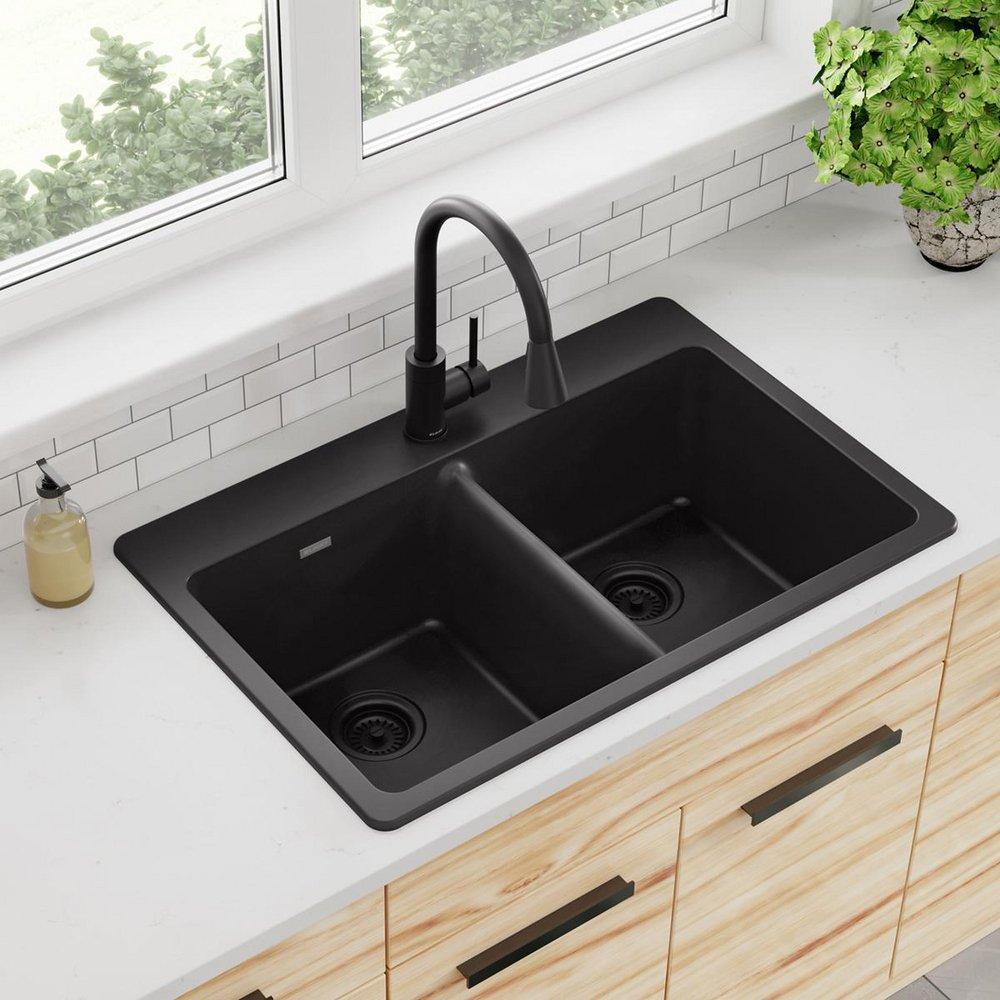 Elkay Black 33 x 22 in. No Hole Composite Double Bowl Drop-in Kitchen Sink 