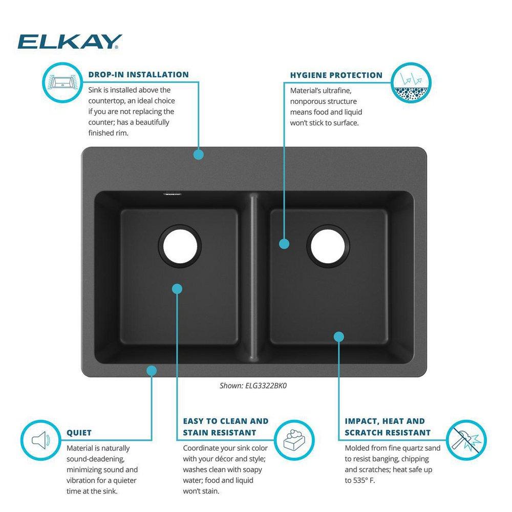 Elkay Black 33 x 22 in. No Hole Composite Double Bowl Drop-in Kitchen Sink 