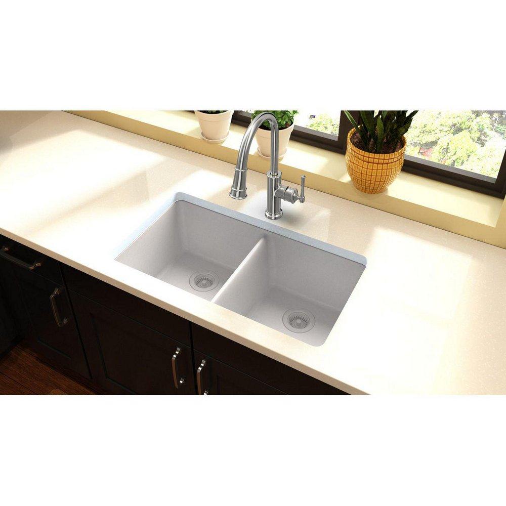 Elkay White 33 x 18-1/2 in. No Hole Composite Double Bowl Undermount Kitchen Sink 