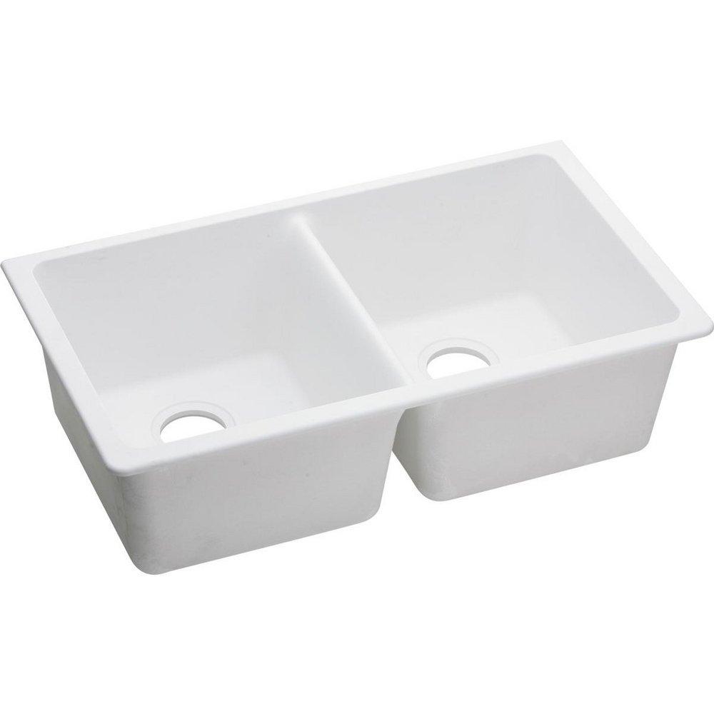 Elkay White 33 x 18-1/2 in. No Hole Composite Double Bowl Undermount Kitchen Sink 