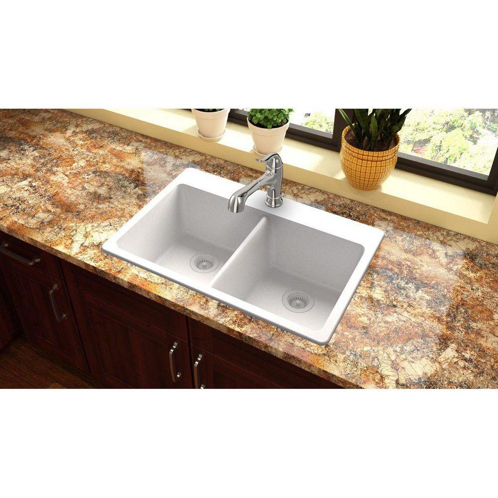 Elkay White 33 x 22 in. No Hole Composite Double Bowl Drop-in Kitchen Sink 