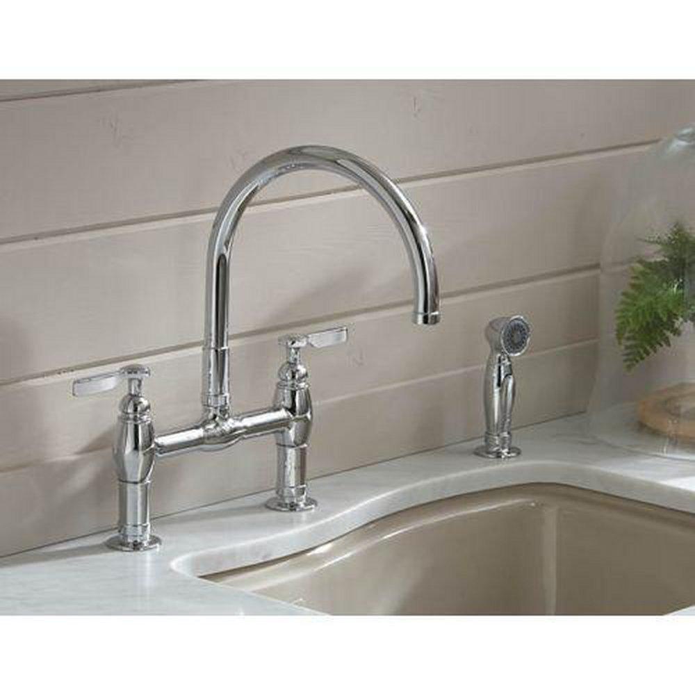 KOHLER Vibrant&reg; Polished Nickel Two Handle Bridge Kitchen Faucet 
