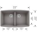 BLANCO Metallic Grey 33 x 20 in. No Hole Composite Double Bowl Undermount Kitchen Sink 