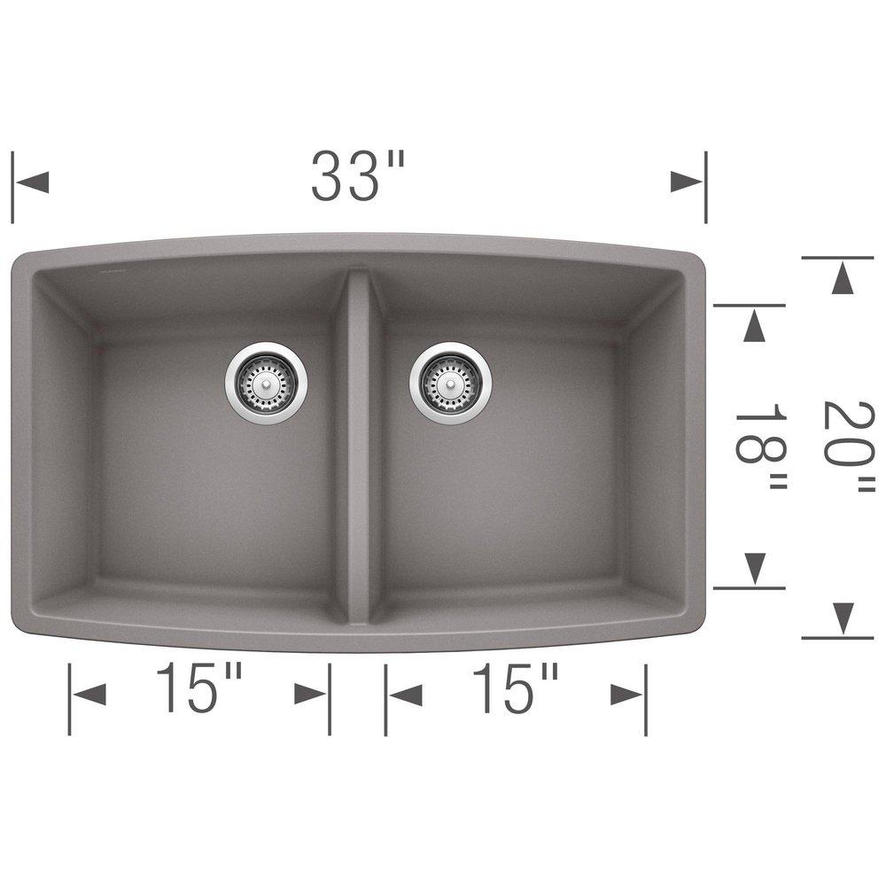BLANCO Metallic Grey 33 x 20 in. No Hole Composite Double Bowl Undermount Kitchen Sink 