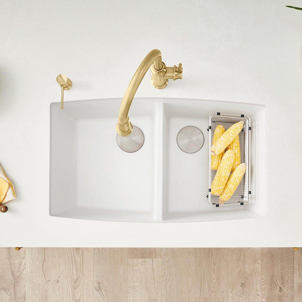 BLANCO White 33 x 20 in. No Hole Composite Double Bowl Undermount Kitchen Sink 