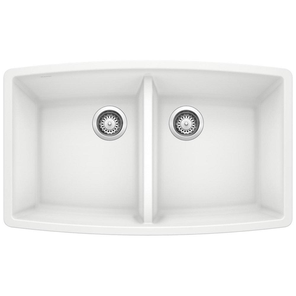 BLANCO White 33 x 20 in. No Hole Composite Double Bowl Undermount Kitchen Sink 