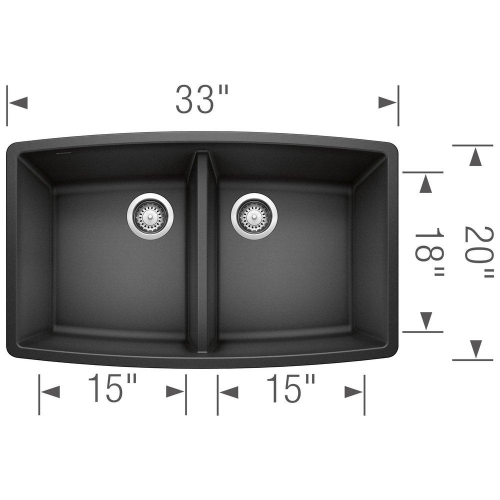 BLANCO Anthracite 33 x 20 in. No Hole Composite Double Bowl Undermount Kitchen Sink 