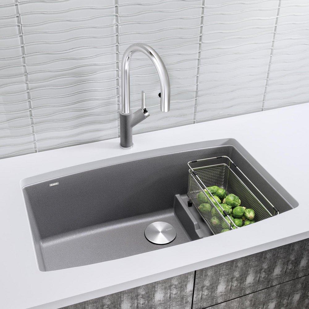 BLANCO Metallic Grey 32 x 19-1/2 in. No Hole Composite Double Bowl Undermount Kitchen Sink 