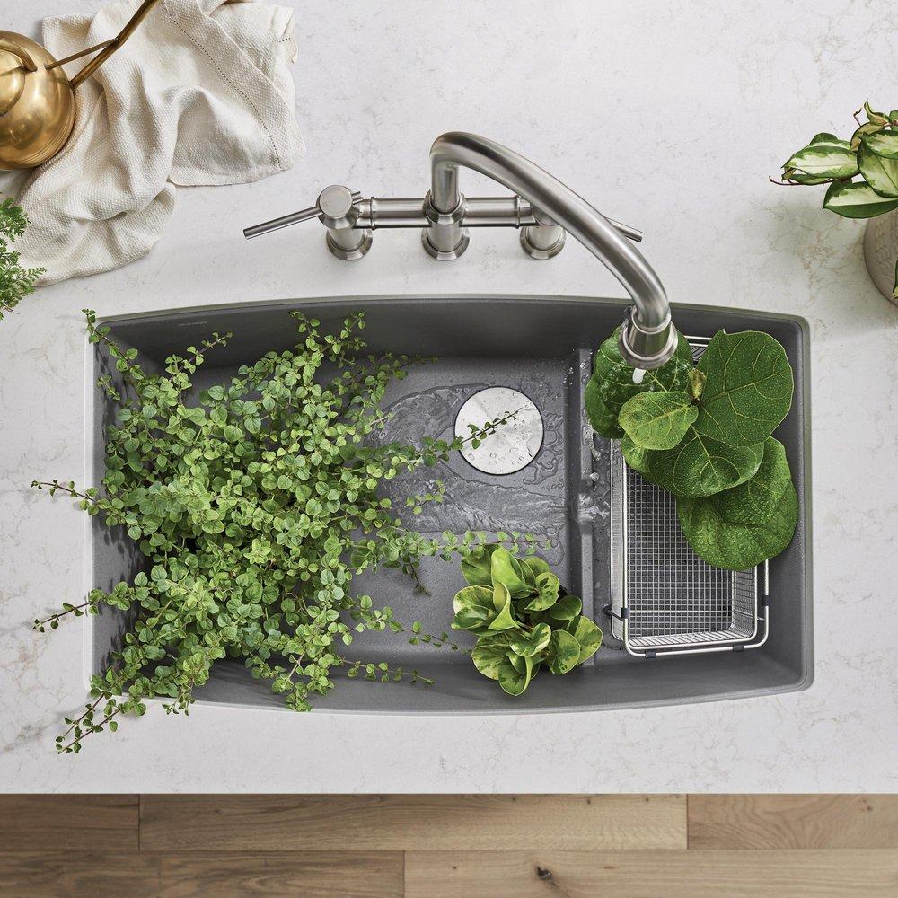 BLANCO Metallic Grey 32 x 19-1/2 in. No Hole Composite Double Bowl Undermount Kitchen Sink 