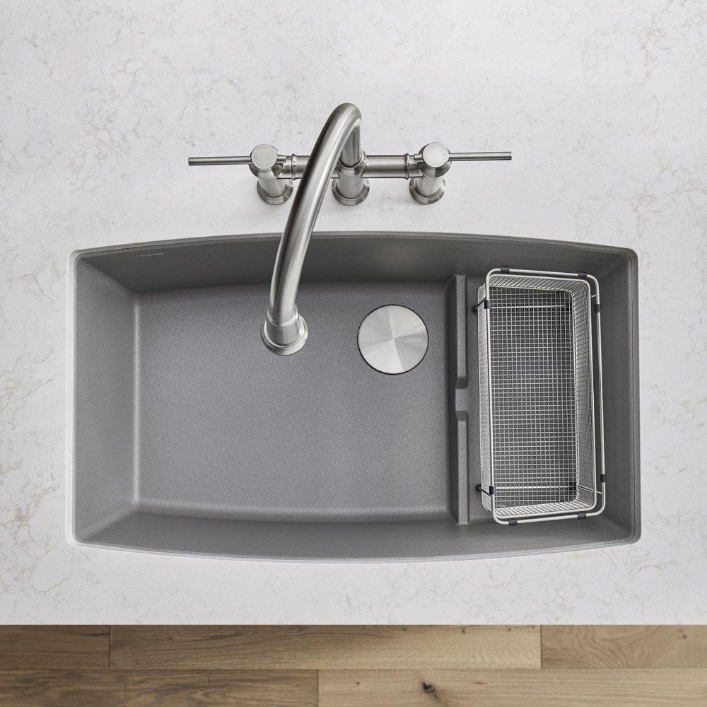BLANCO Metallic Grey 32 x 19-1/2 in. No Hole Composite Double Bowl Undermount Kitchen Sink 
