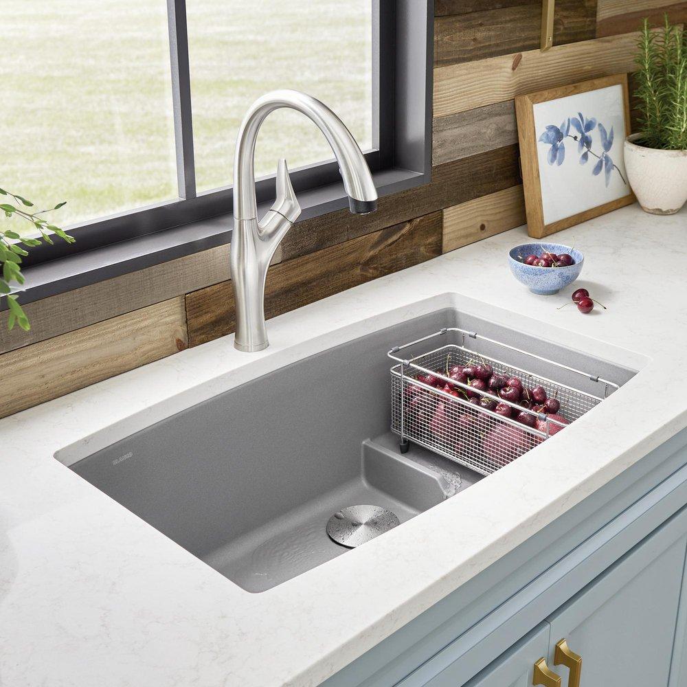 BLANCO Metallic Grey 32 x 19-1/2 in. No Hole Composite Double Bowl Undermount Kitchen Sink 