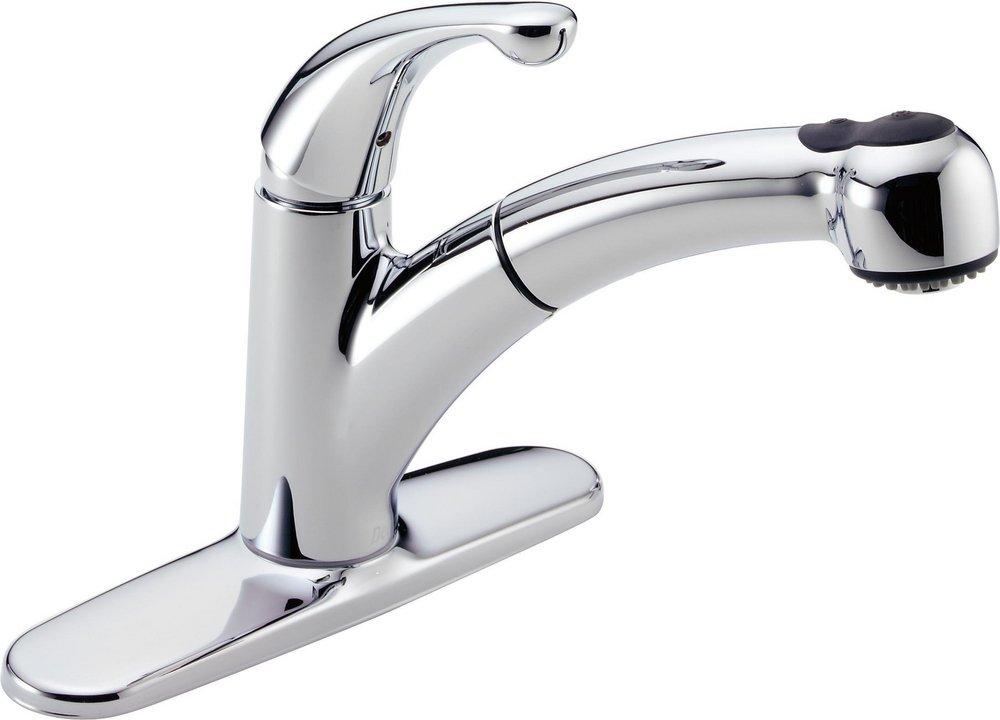 Delta Faucet Polished Chrome 1.8 gpm Single Lever Handle Deckmount Kitchen Sink Faucet 120 Degree Swivel Pull-Out Spout 3/8 in. Compression Connection 