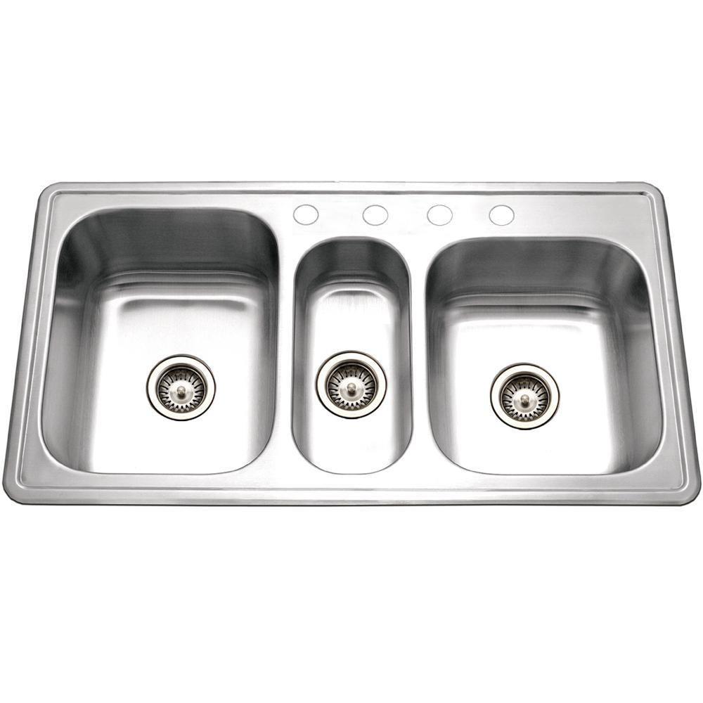 Houzer Lustrous Satin 41-5/16 x 22 in. 4 Hole Stainless Steel Triple Bowl Drop-in Kitchen Sink 