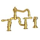 3-Hole Bridge Kitchen Faucet with Double Lever Handle and Sidespray in Satin Brass - PVD