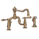 3-Hole Bridge Kitchen Faucet with Double Lever Handle and Sidespray in Antique Brass