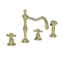 4-Hole Kitchen Faucet with Double Metal Cross Handle and Sidespray in Uncoated Polished Brass - Living
