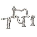 3-Hole Bridge Kitchen Faucet with Double Lever Handle and Sidespray in Stainless Steel - PVD