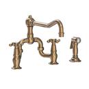 3-Hole Bridge Kitchen Faucet with Double Cross Handle and Sidespray in Antique Brass