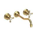 Two Handle Wall Mount Widespread Bathroom Sink Faucet in Uncoated Polished Brass - Living