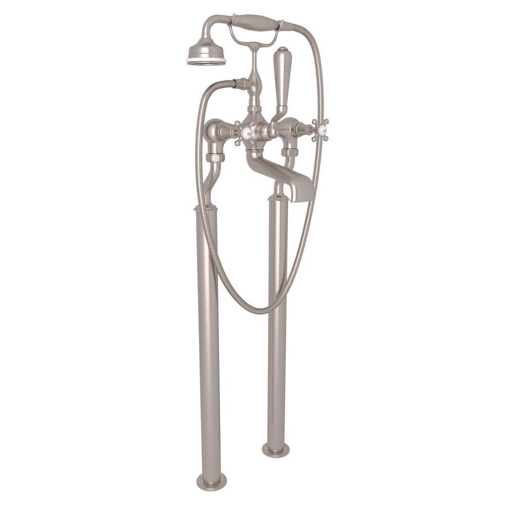 Perrin & Rowe&reg; Satin Nickel Three Handle Cross Floor Mount Filler 