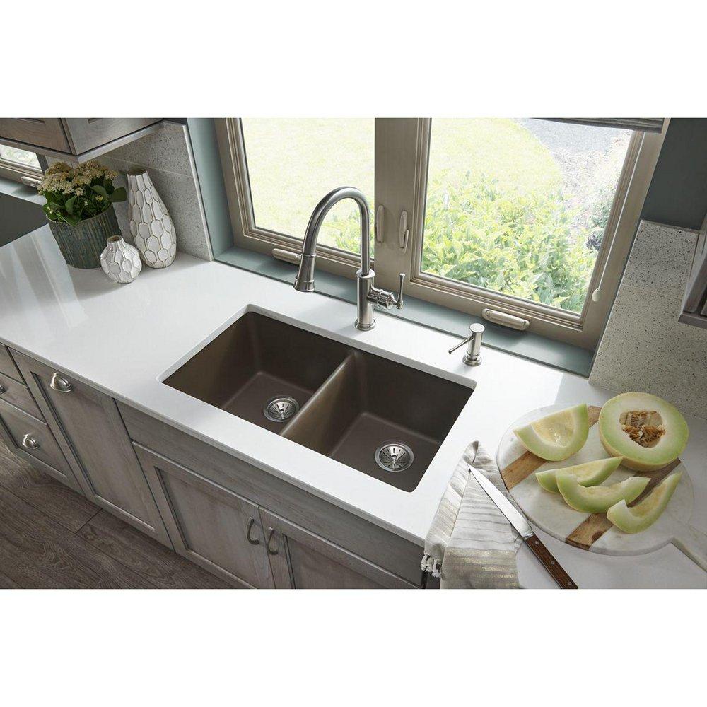 Elkay Mocha 33 x 18-1/2 in. No Hole Composite Double Bowl Undermount Kitchen Sink 