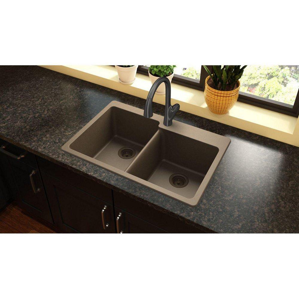 Elkay Mocha 33 x 22 in. No Hole Composite Double Bowl Drop-in Kitchen Sink 