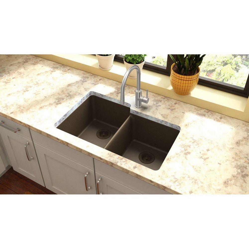 Elkay Mocha 33 x 20-1/2 in. No Hole Composite Double Bowl Undermount Kitchen Sink 