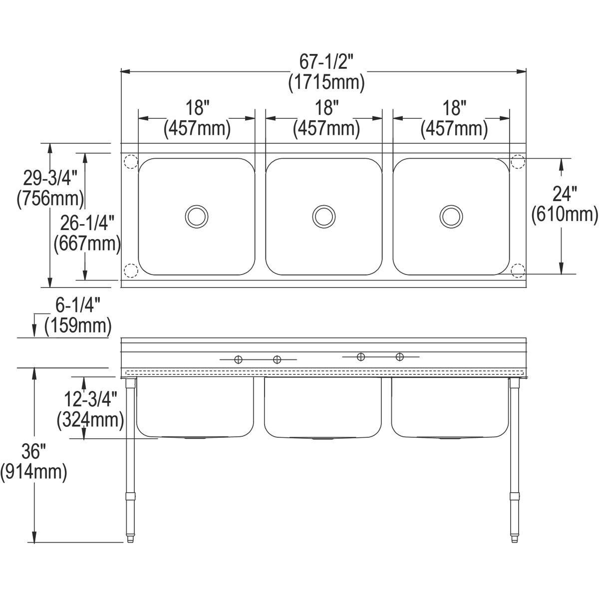 Elkay Satin Stainless Steel 4-Hole 3-Bowl Stainless Steel Scullery Sink 