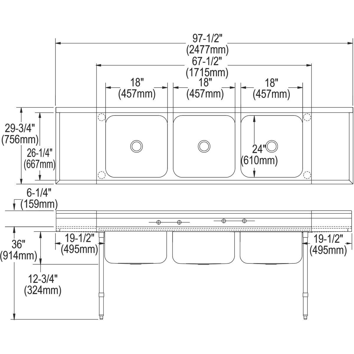Elkay Buffed Satin 4-Hole 3-Bowl 2-Drainboard Stainless Steel Scullery Sink 