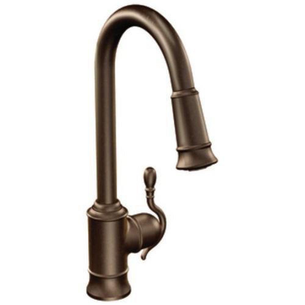 Moen Oil Rubbed Bronze 1.5 gpm Single Lever Handle Deckmount Kitchen Sink Faucet High Arc Pull-Down Spout 3/8 in. Compression Connection 