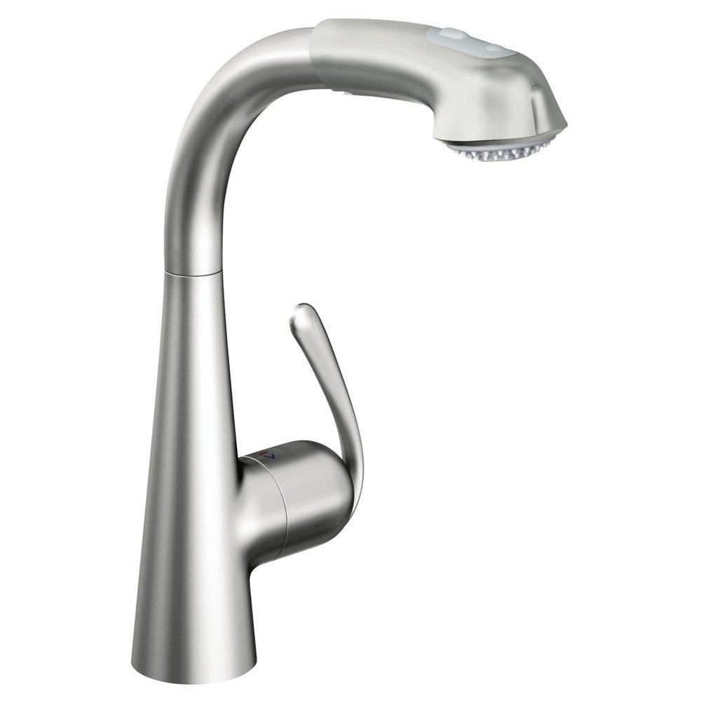 GROHE RealSteel&reg; Single Handle Pull Out Kitchen Faucet 
