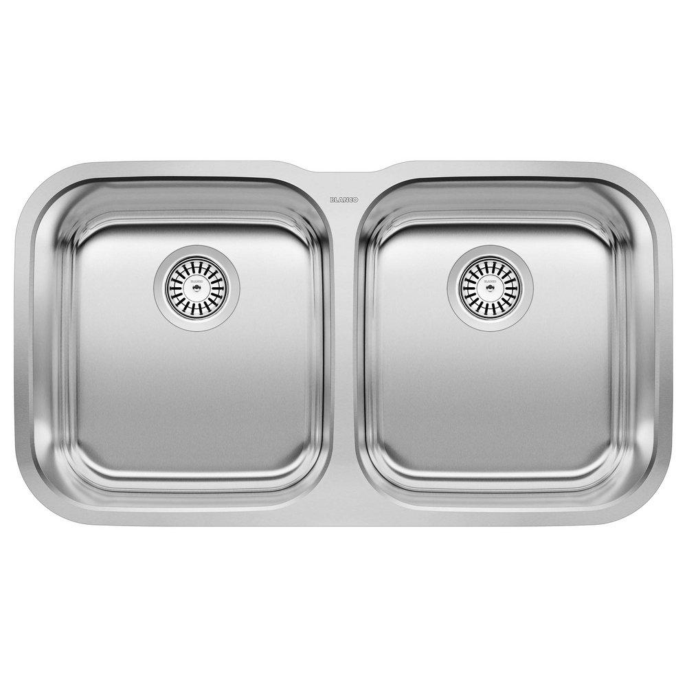 BLANCO Stainless Steel 33-3/8 x 18-1/2 in. No Hole Stainless Steel Double Bowl Undermount Kitchen Sink in Refined Brushed Stainless Steel 