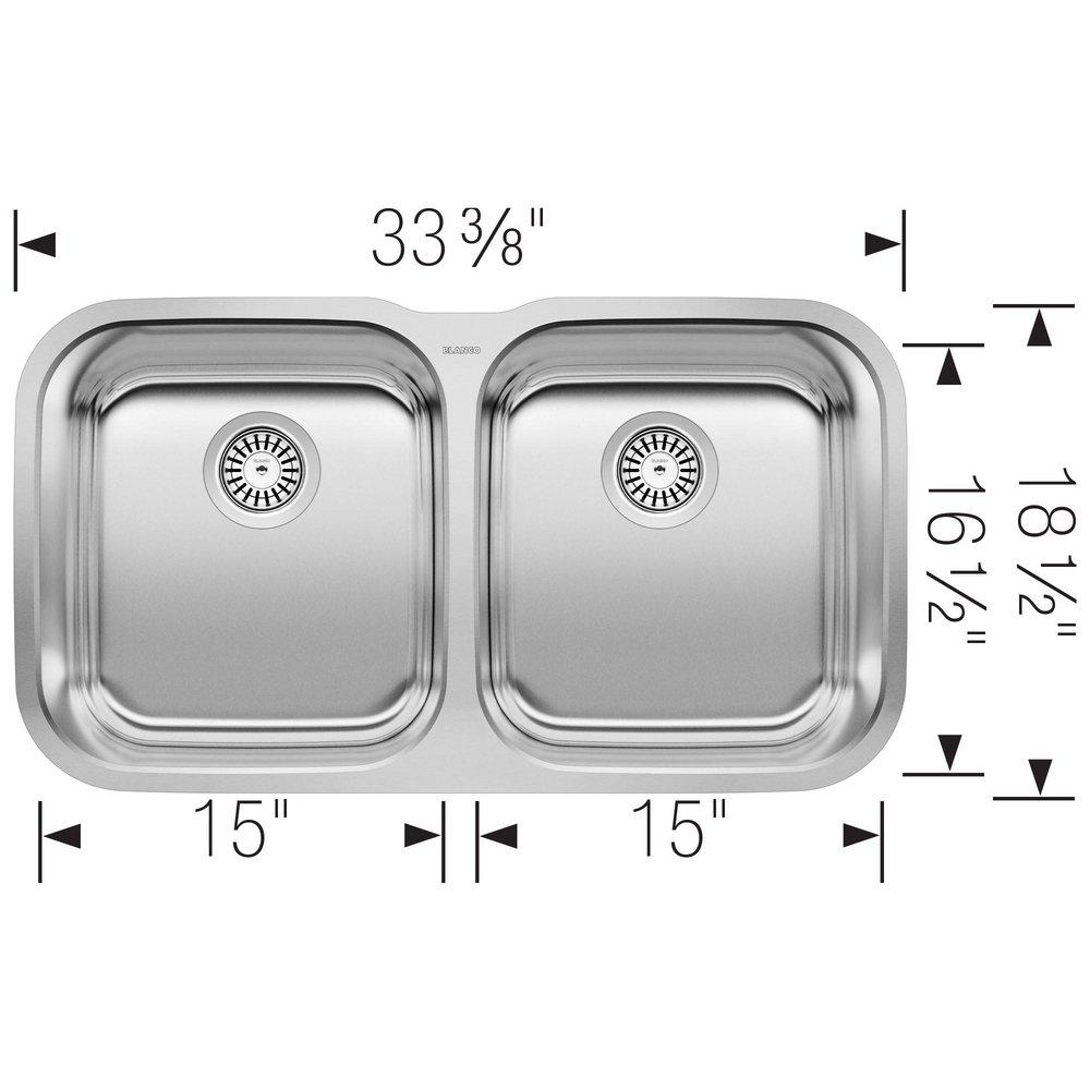 BLANCO Stainless Steel 33-3/8 x 18-1/2 in. No Hole Stainless Steel Double Bowl Undermount Kitchen Sink in Refined Brushed Stainless Steel 