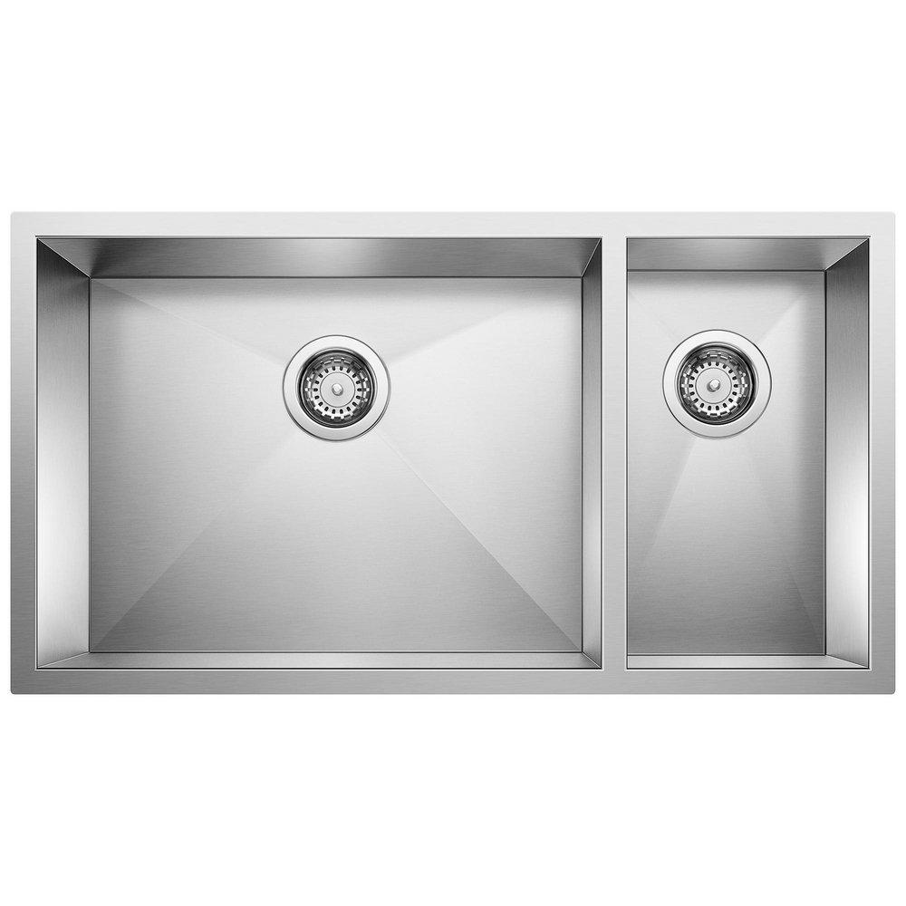 BLANCO Satin Polished 33 x 18 in. No Hole Stainless Steel Double Bowl Undermount Kitchen Sink 