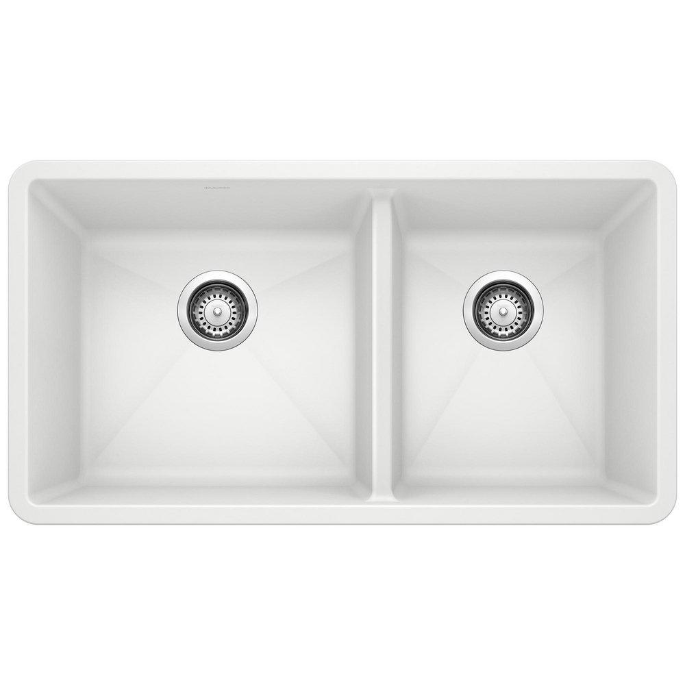 BLANCO White 33 x 18 in. No Hole Composite Double Bowl Undermount Kitchen Sink 